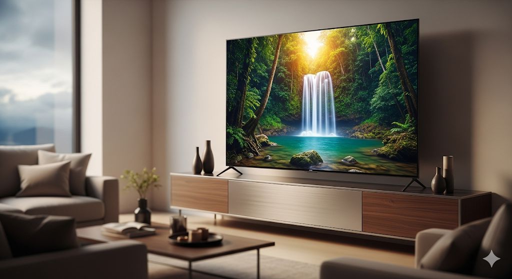 Perfect TV formaat in moderne woonkamer - demonstratie van ideale verhoudingen tussen televisie grootte en kijkafstand