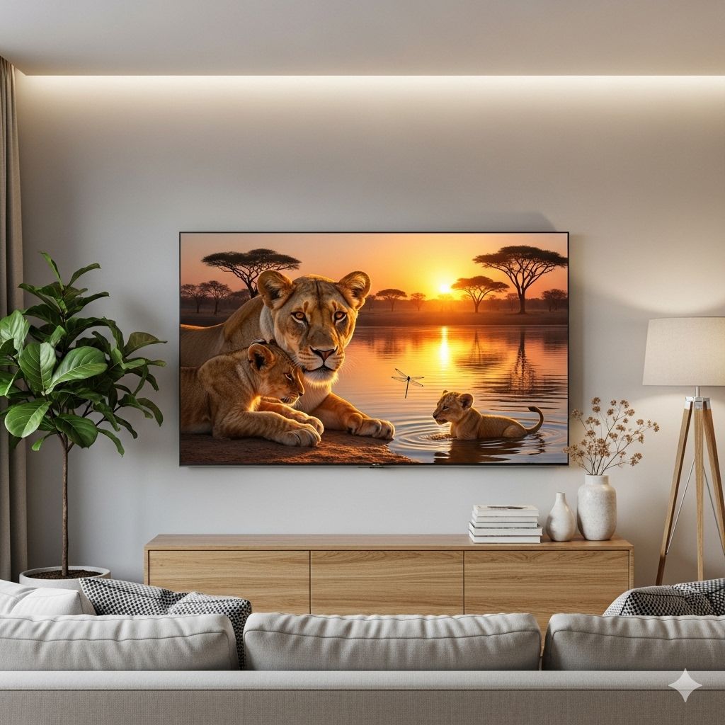 TV kijkafstand berekening visualisatie - safari documentaire op groot scherm toont optimale viewing experience